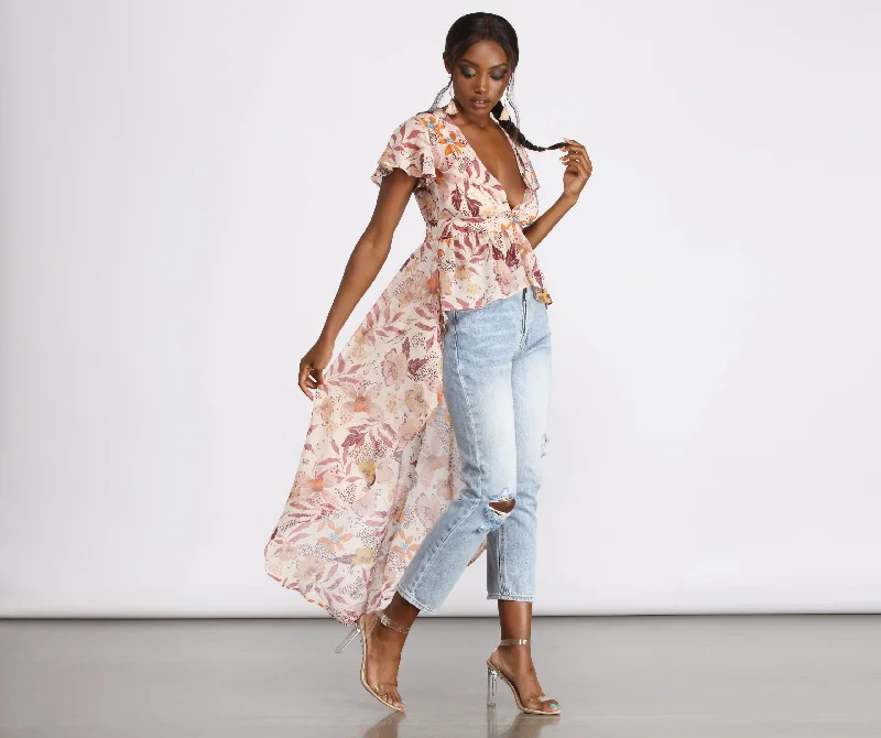 Floral Fusion Chiffon High Low Top Modern Women's 