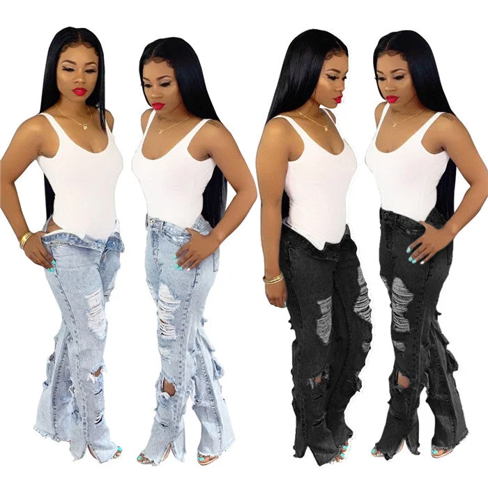 H2602-Latest design women fall clothing high waisted ripped jeans women denim jeans pants