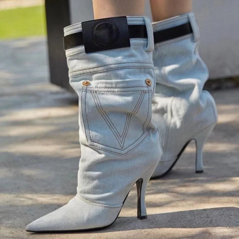 New Western Style Botas Mujer Winter and Fall Sexy Stiletto Heels Blue Cut Jeans Heel Boots for Woman