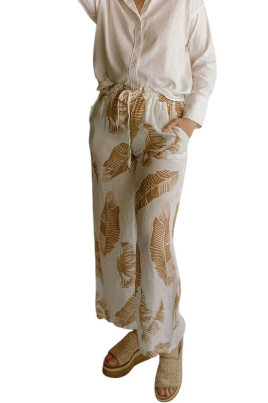 Palm Print Linen Pants In Beige