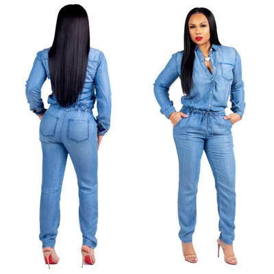 Retail Fast Shipping New Fashion Strap Jeans Women Summer Denim Slim Casual jumpsuit