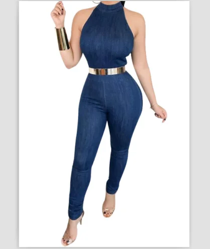 Sexy round collar sleeveless big stretch overall jumpsuit womens jeans