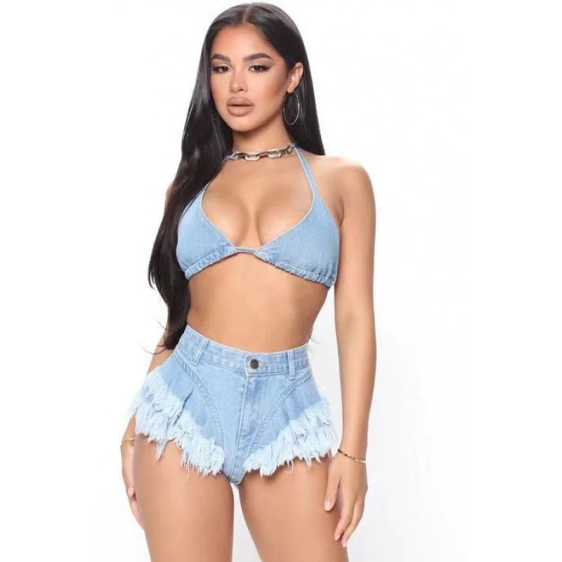 Women's Denim Bikini Set With Jeans Shorts And Bra For Beach Play And Bar Nightclub Performance,Popular Hollow Mesh Lace Set