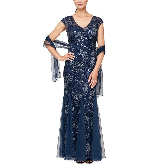 Alex Evenings Women's Sequin Embroidered Trumpet Gown Blue Size 10