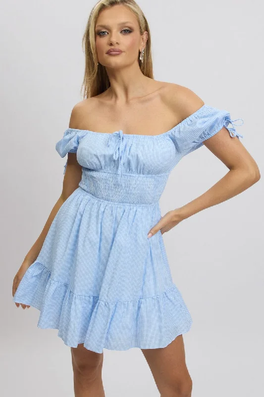 Blue Check Fit And Flare Dress Puff Sleeve Mini