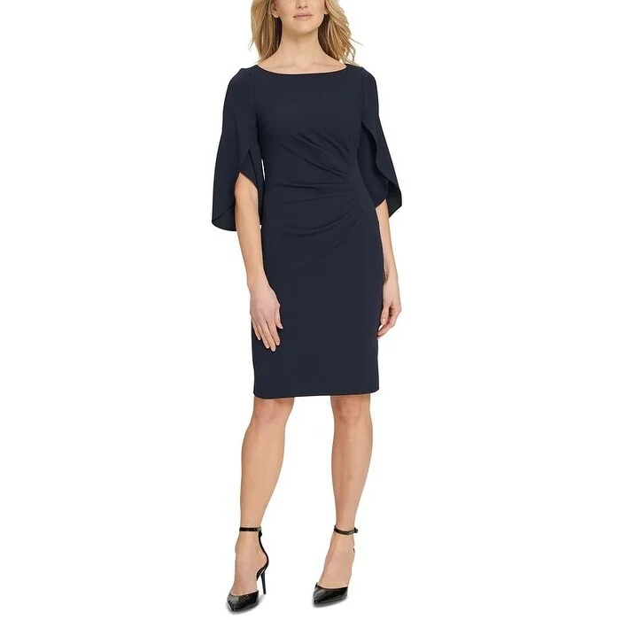 Dkny Womens Ruched Zippered Tulip 3/4 Sleeve Above the Knee Wear to Work Sheath Dress Blue Size 8