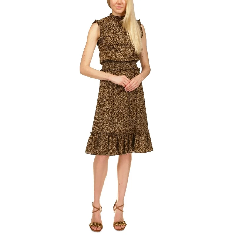 Michael Kors Women's Smocked Waist Cheetah Print Dress Brown Size Medium