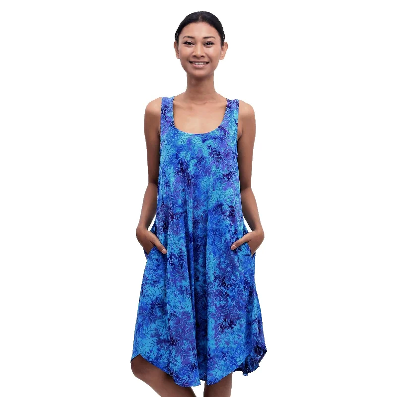 Novica Handmade Leafy Blue Groove Batik Rayon Dress