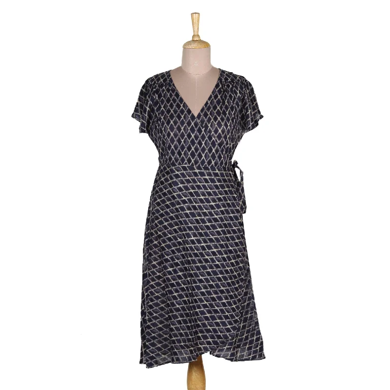 NOVICA Viscose wrap dress Creative Fusion in Indigo