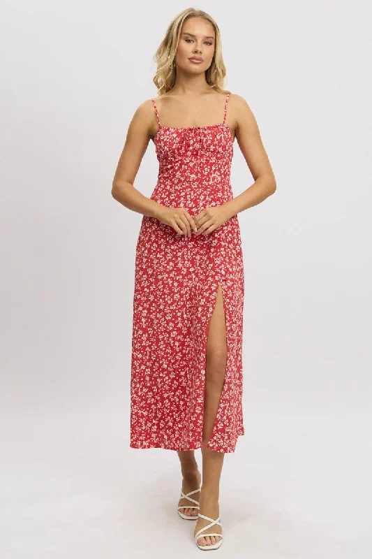 Red Ditsy Midi Dress Gathered Bust Modern Women's Tech
