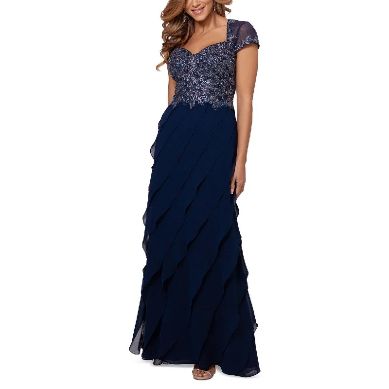 XSCAPE Women's Embroidered Bodice Ruffled Skirt Dress Blue Size 8