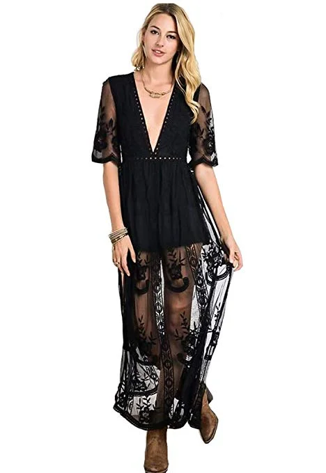 Women's Deep V-Neck Lace Romper Short Sleeve Long Dress