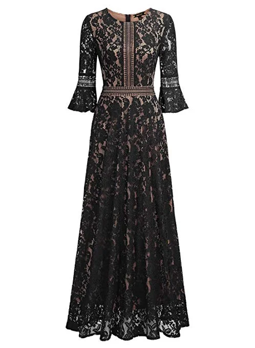 Women's Vintage Full Lace Contrast Bell Sleeve Formal Long Dress Sleek Women's 