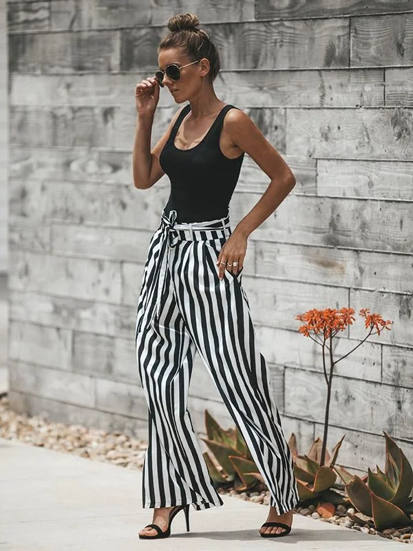 Charming Black White Stripes Bandage Wide-leg Pants Cool Women's Distressed