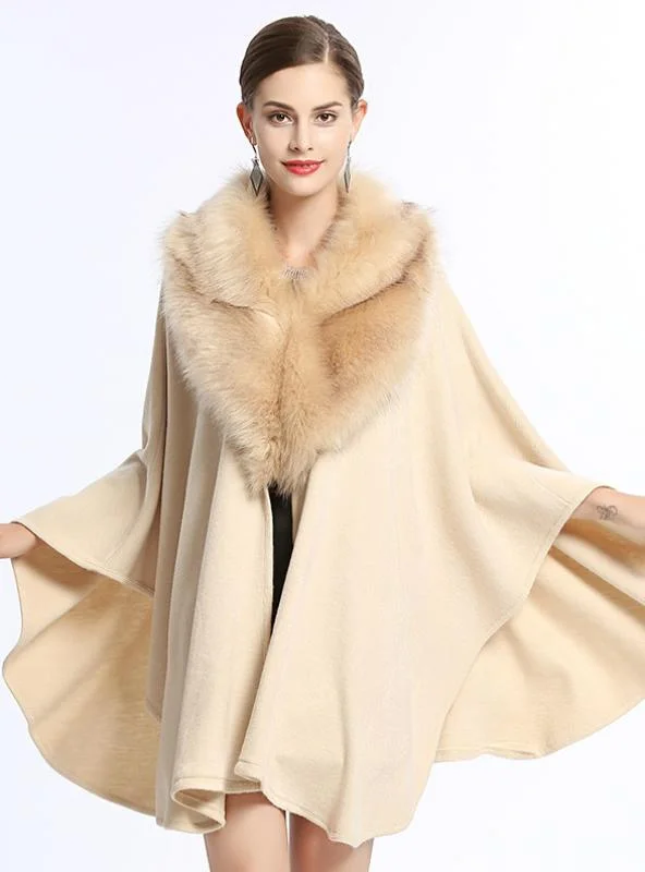 FOX LIKE FUR COLLAR LOOSE KNIT SHAWL CAPE LARGE SIZE