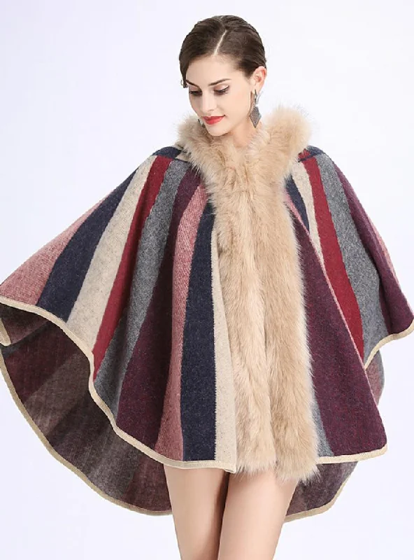 FOX LIKE FUR COLLAR STRIPED HOODED CAPE