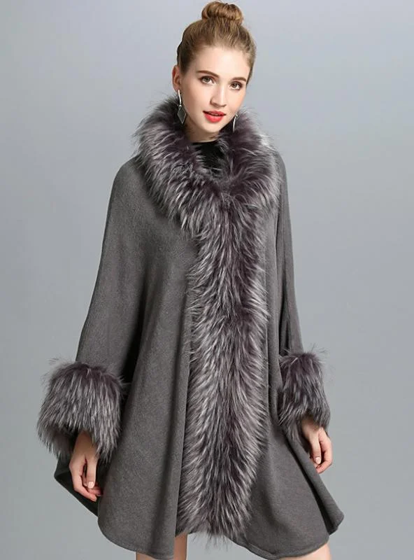 KNITTED SHAWL CARDIGAN FAUX FUR SHAWL CAPE COAT