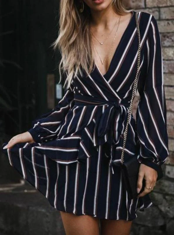 Lantern Sleeve Casual Striped V-Neck Dress