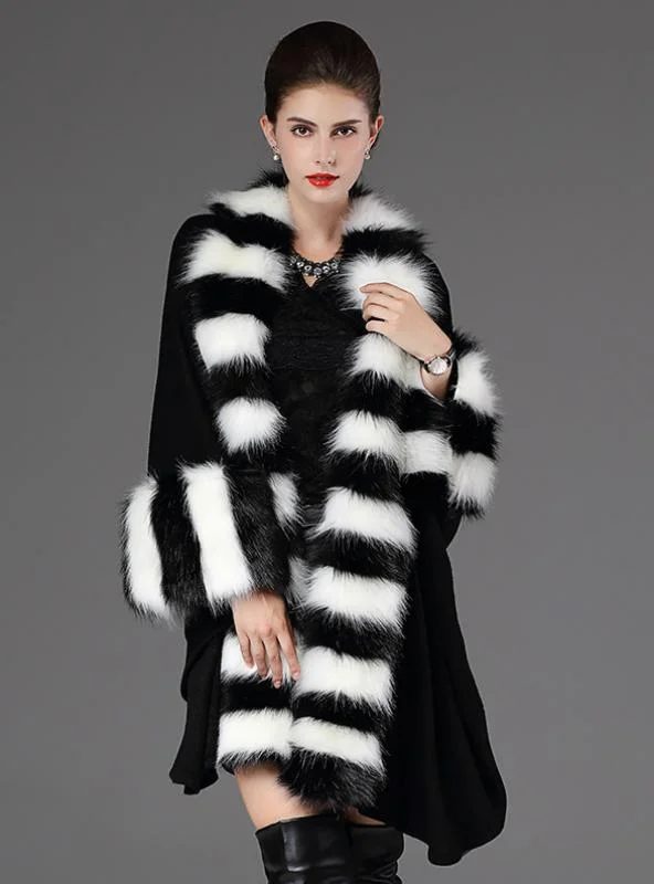 LOOSE FOX LIKE FUR COLLAR KNITTED SHAWL CAPE COAT