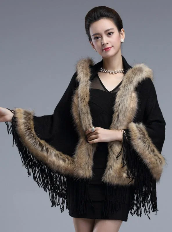 WOMEN HAT FRINGED FUR CLOAK TASSELS CARDIGAN