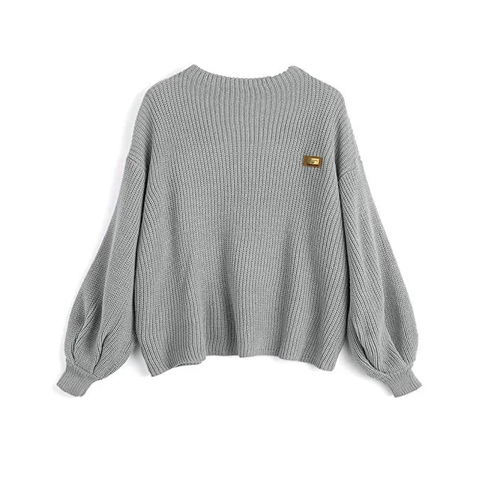 Women's Casual Loose Knitted Sweater Lantern Sleeve Crewneck Fashion Pullover Sweater Tops