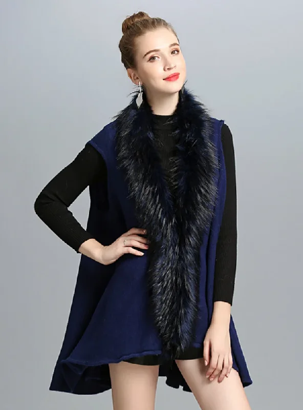 WOMEN'S IMITATE FOX FUR COLLAR KNITTED CARDIGAN VESTS