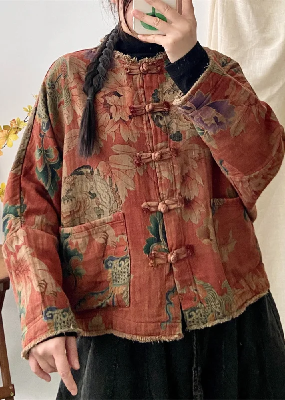 Vintage Orange Print Pockets Chinese Button Patchwork Cotton Coat Fall performance
