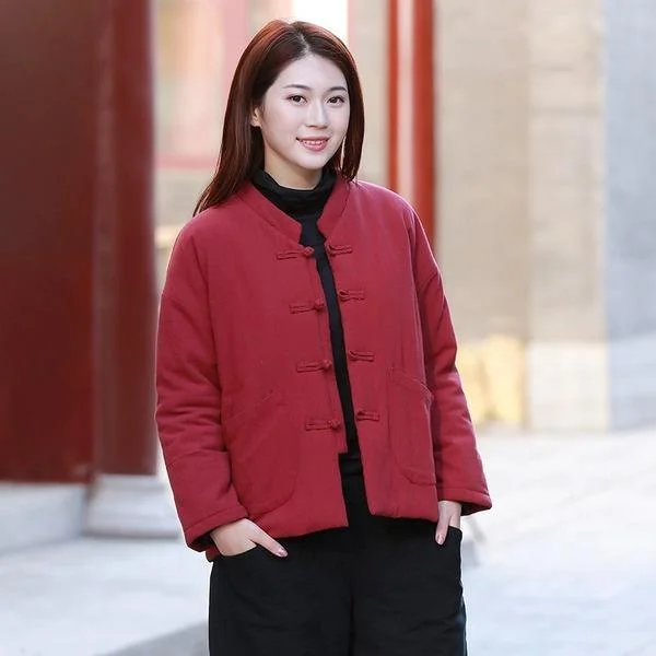 Winter Vintage Warm V-Neck Chinese Style Plate Buckle Parkas Coats Hip Women's Retro