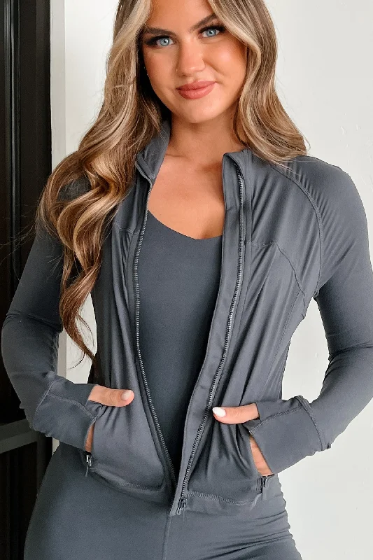 Catch My Breath Zip-Up Crop Jacket (Charcoal) Sleek Women's 