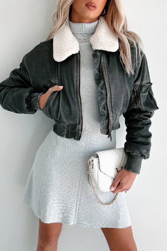 Fashionable Flight Path Aviator Crop Jacket (Dark Grey) Practical Women's Multi - 