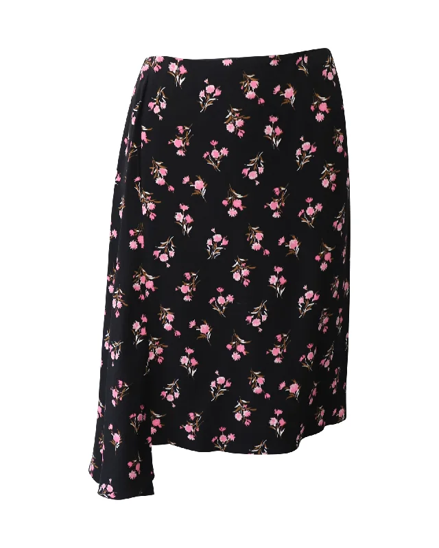 Prada Floral-Print Midi Skirt with Draped Detail in Black Viscose