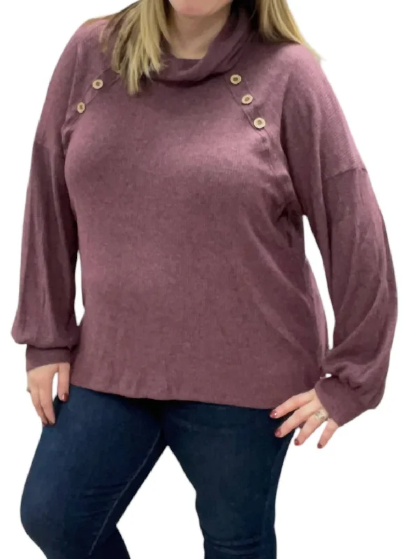 Cowlneck Faux Button Sweater In Plum