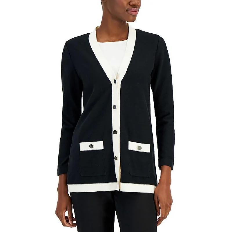 Petites Womens Knit Contrast Cardigan Sweater French