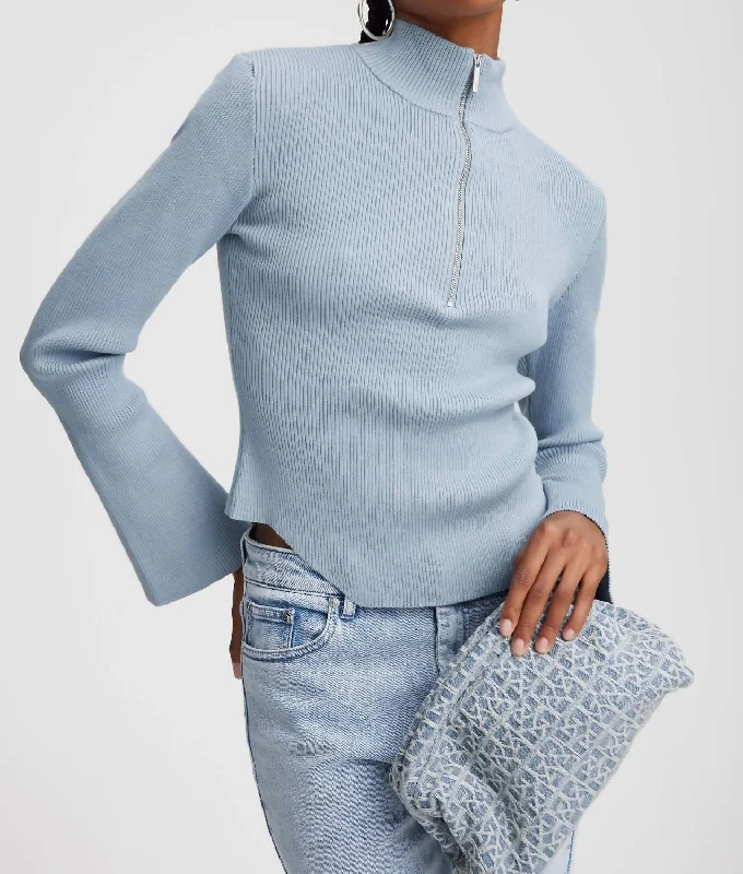 Yasmia Zip Pullover Sweater In Grey Blue